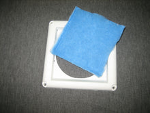 Load image into Gallery viewer, Polyester fluff filter cut from big roll with scissors. MERV rating probably about 3-4, Service life 60-90 days. If not serviced regularly, airflow is choked off and stops and radon rises to pre-mitigation levels.. In practice, these filters are almost never serviced and all benefit of radon mitigation procedures is lost.