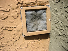 Load image into Gallery viewer, Polyester fluff filter cut from big roll with scissors. MERV rating probably about 4, Service life 60-90 days. If not serviced regularly, airflow stops and radon returns to pre-mitigation levels.. In practiice, these filters are almost never serviced and all benefit of radon mitigation procedures is lost.
