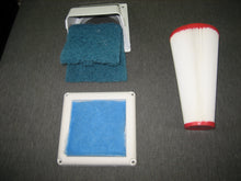 Load image into Gallery viewer, A visual comparison of SmartVentilation&#39;s Type III radon mitigation air intake filter with homemade hog&#39;s hair and polyester fluff air intake filters
